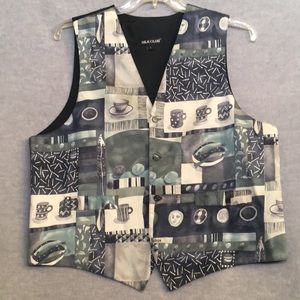 Silk Club 100% Fine Silk “Coffee Time” Theme Front Vest w/ Solid Black Back L